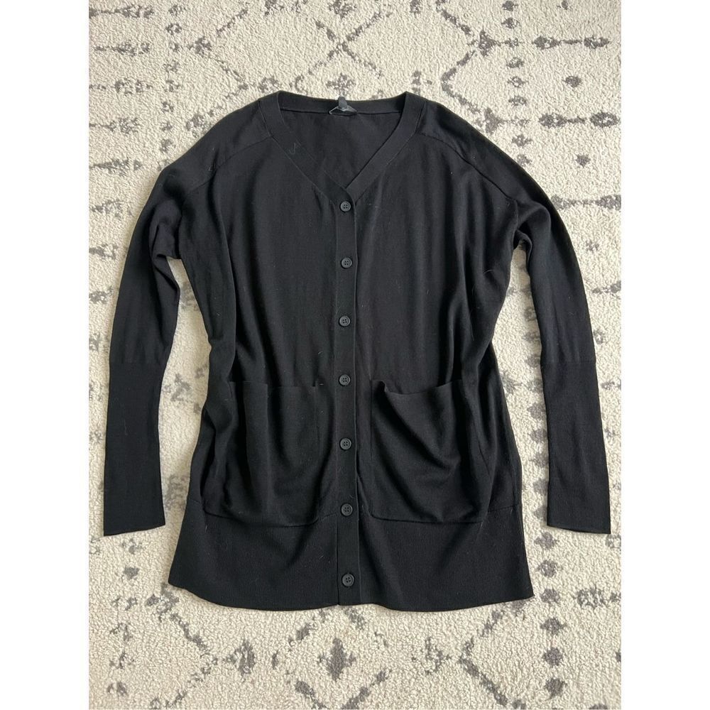 Cos Cardigan‎ Sweater Women XS Oversized Black 100% Wool Button Up V-Neck